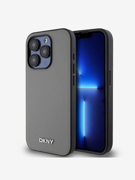 DKNY PU kožna srebrna metalna stražnja maska ​​Magsafe s logotipom za iPhone 14 Pro siva DKNY