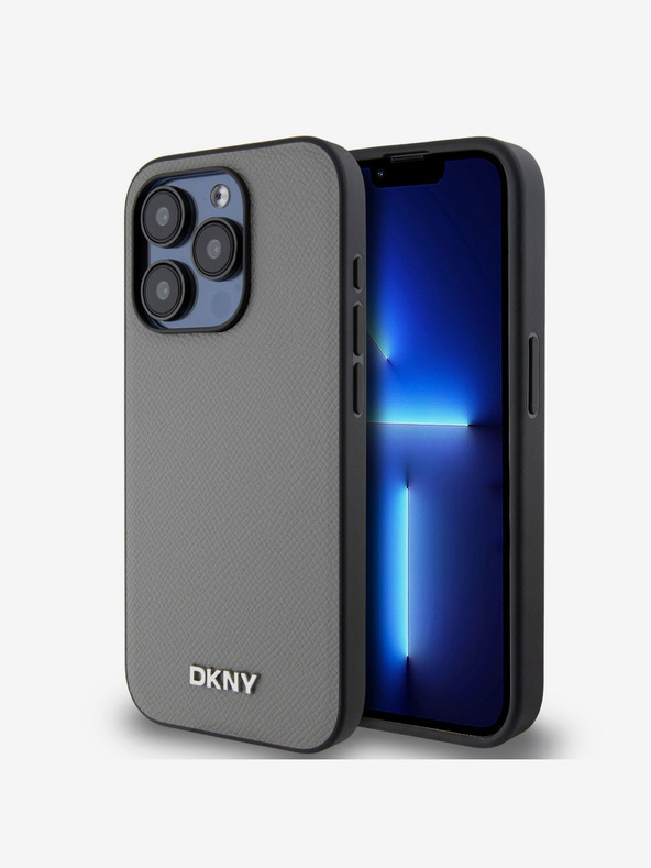DKNY PU kožna srebrna metalna stražnja maska ​​Magsafe s logotipom za iPhone 14 Pro siva DKNY