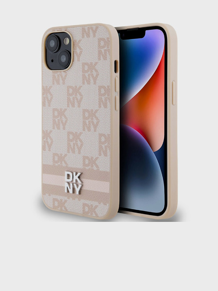 DKNY Stražnja maska ​​s kariranim uzorkom i prugama od PU kože za iPhone 15, ružičasta DKNY