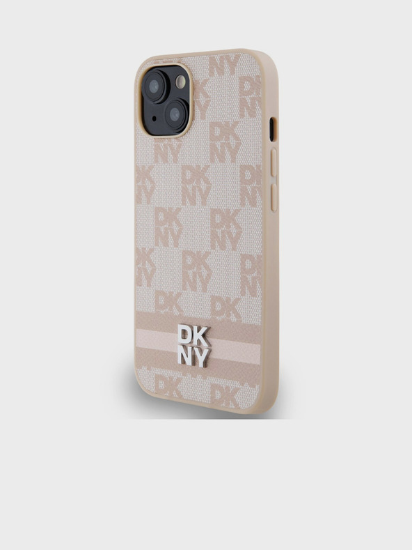 DKNY Stražnja maska ​​s kariranim uzorkom i prugama od PU kože za iPhone 15, ružičasta DKNY