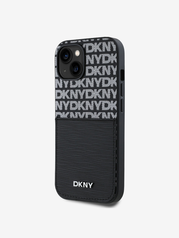 DKNY PU kožna stražnja maska ​​s džepom za karticu s ponavljajućim uzorkom za iPhone 15 crna DKNY