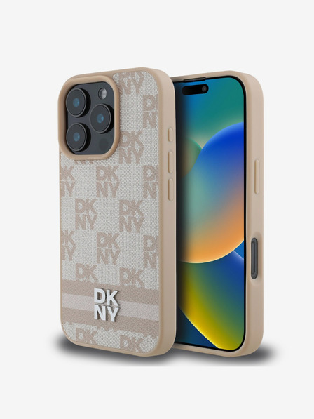 DKNY DKNY PU kožna stražnja maska ​​s kariranim uzorkom i prugama za iPhone 16 Pro, ružičasta