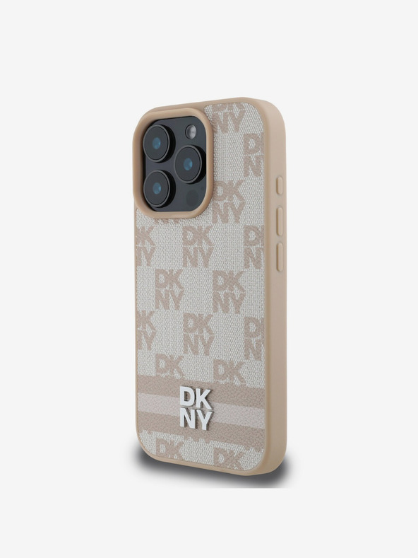 DKNY DKNY PU kožna stražnja maska ​​s kariranim uzorkom i prugama za iPhone 16 Pro, ružičasta