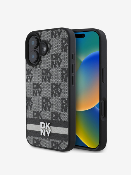 DKNY DKNY PU kožna stražnja maska ​​s kariranim uzorkom i prugama za iPhone 16 crna