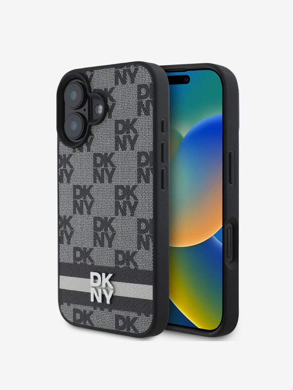DKNY DKNY PU kožna stražnja maska ​​s kariranim uzorkom i prugama za iPhone 16 crna