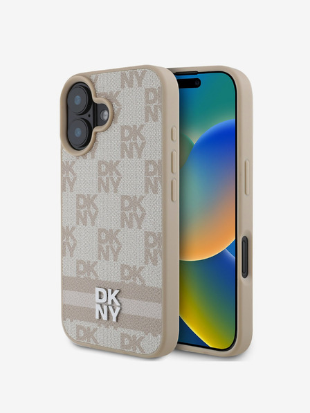 DKNY DKNY PU kožna stražnja maska ​​s kariranim uzorkom i prugama za iPhone 16, ružičasta
