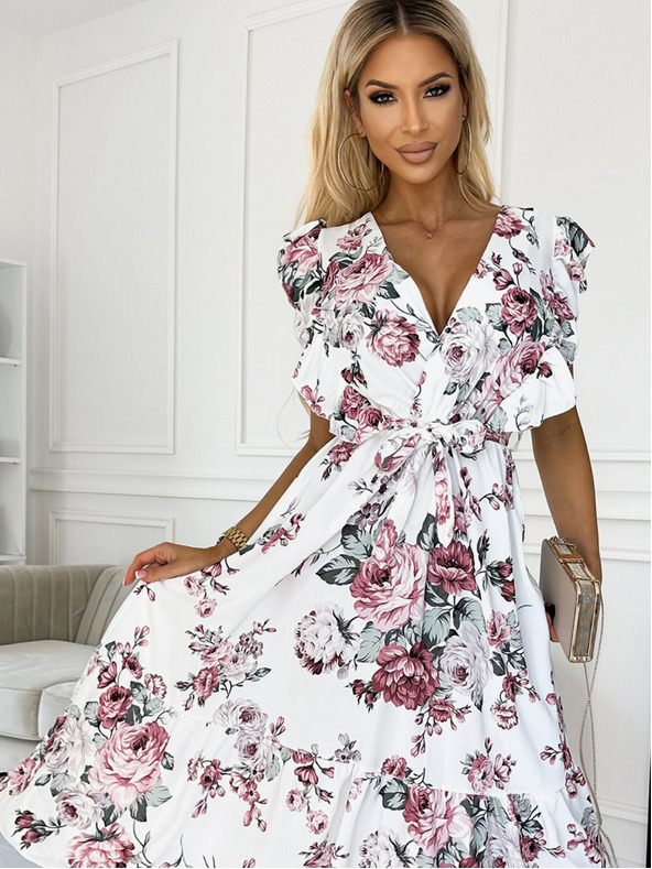 numoco Haljina s volanom, dekolteom i kravatom - bijela s bordo ružama Numoco GABRIELLA