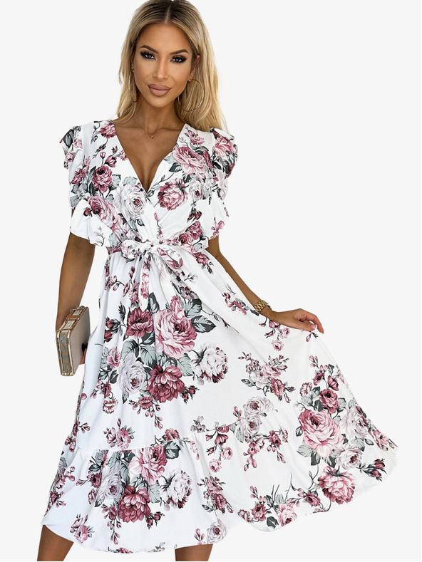 numoco Haljina s volanom, dekolteom i kravatom - bijela s bordo ružama Numoco GABRIELLA