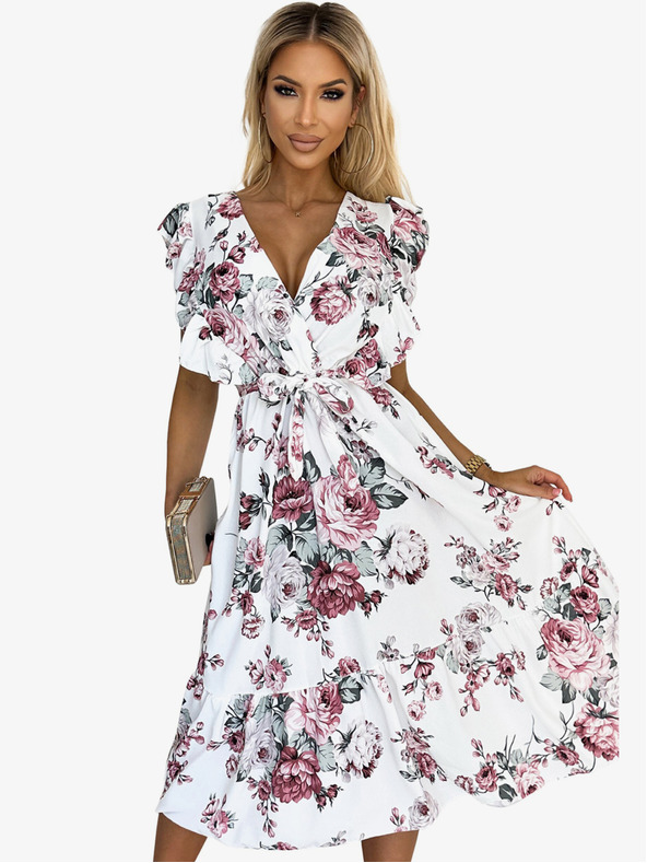 numoco Haljina s volanom, dekolteom i kravatom - bijela s bordo ružama Numoco GABRIELLA