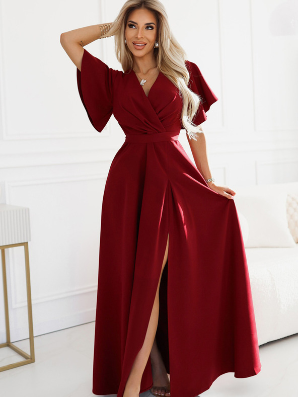 numoco Wine ženska duga haljina s prorezom, rukavima i dekolteom marke Numoco