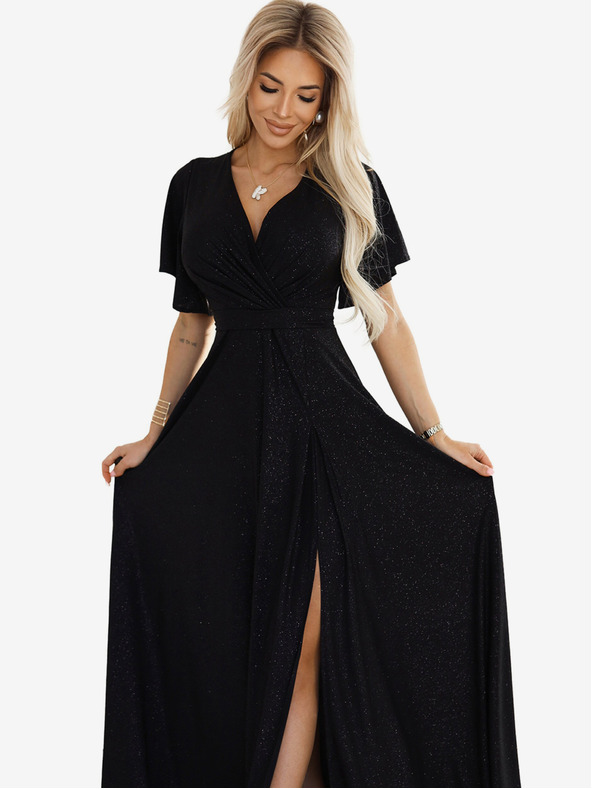 numoco Crna ženska svjetlucava duga haljina s rukavima i dekolteom marke Numoco