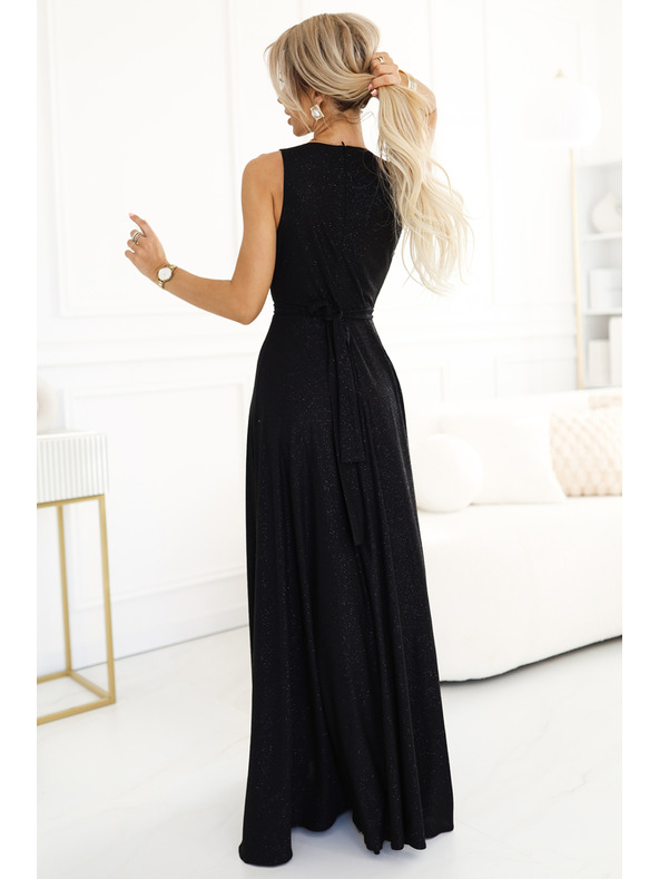 numoco Crna ženska duga satenska haljina s dekolteom i prorezom marke Numoco