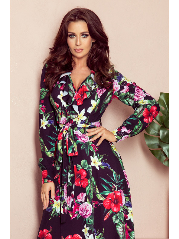 numoco Crna ženska duga cvjetna haljina s volanom i dekolteom marke Numoco