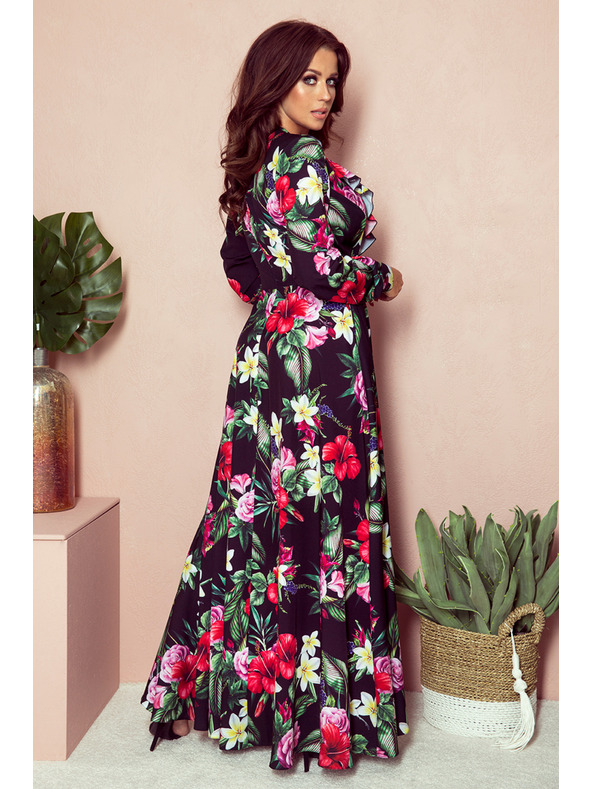 numoco Crna ženska duga cvjetna haljina s volanom i dekolteom marke Numoco