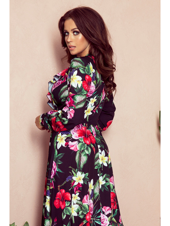 numoco Crna ženska duga cvjetna haljina s volanom i dekolteom marke Numoco
