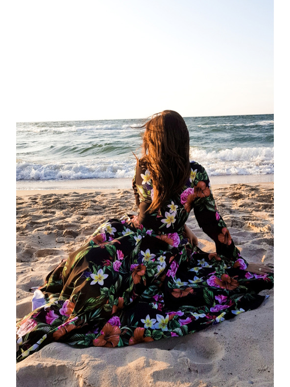 numoco Crna ženska duga cvjetna haljina s volanom i dekolteom marke Numoco