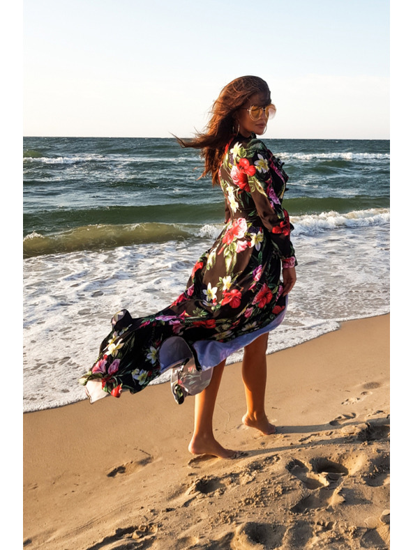 numoco Crna ženska duga cvjetna haljina s volanom i dekolteom marke Numoco