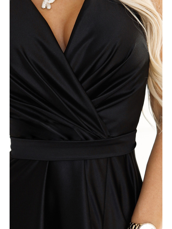 numoco Crna ženska duga satenska haljina s dekolteom i prorezom marke Numoco