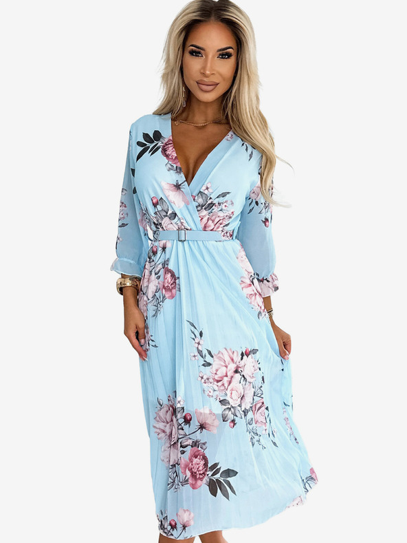 numoco Plisirana midi haljina s dekolteom i remenom - ruža na plavoj pozadini Numoco YUNA