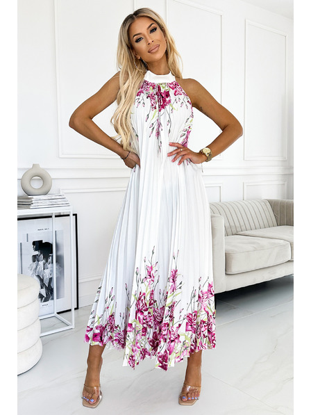 numoco Maxi haljina od plisiranog satena - bijela s ružičastim cvjetićima Numoco ESTER