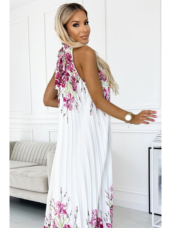 numoco Maxi haljina od plisiranog satena - bijela s ružičastim cvjetićima Numoco ESTER