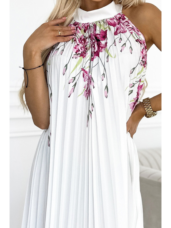 numoco Maxi haljina od plisiranog satena - bijela s ružičastim cvjetićima Numoco ESTER