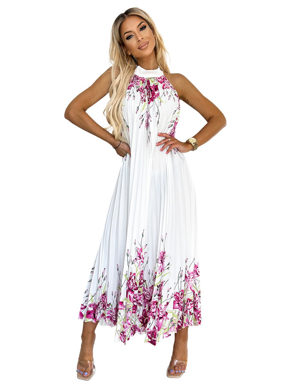 numoco Maxi haljina od plisiranog satena - bijela s ružičastim cvjetićima Numoco ESTER