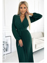 numoco VIVIANA Plisirana midi haljina s dekolteom, dugim rukavima i širokim remenom - Green Numoco