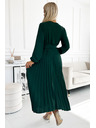 numoco VIVIANA Plisirana midi haljina s dekolteom, dugim rukavima i širokim remenom - Green Numoco
