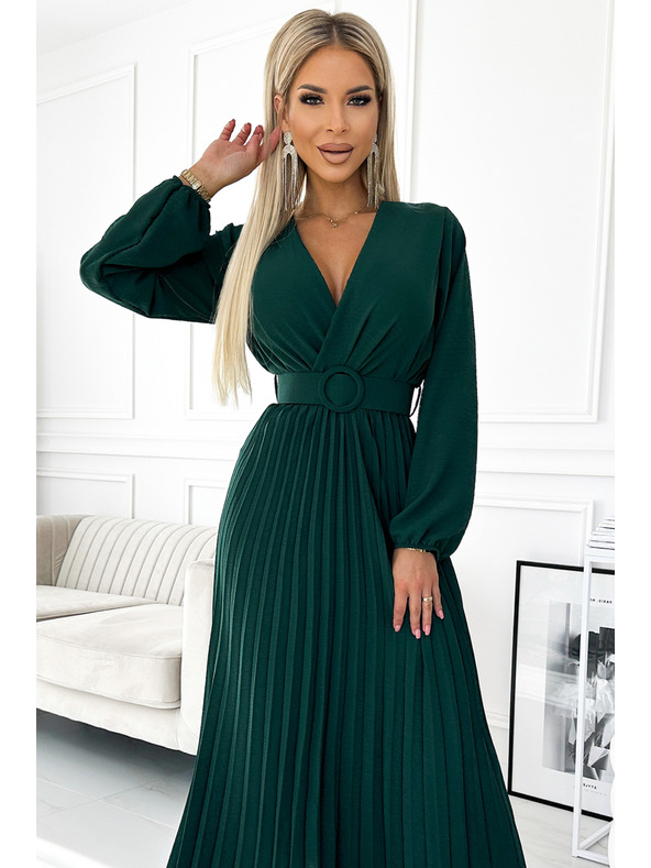 numoco VIVIANA Plisirana midi haljina s dekolteom, dugim rukavima i širokim remenom - Green Numoco