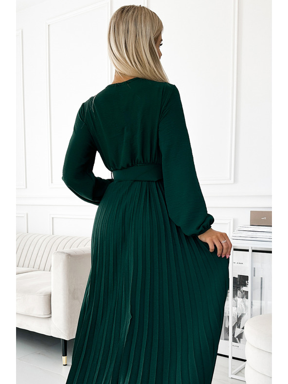 numoco VIVIANA Plisirana midi haljina s dekolteom, dugim rukavima i širokim remenom - Green Numoco