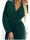numoco VIVIANA Plisirana midi haljina s dekolteom, dugim rukavima i širokim remenom - Green Numoco