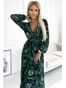 numoco Duga plisirana šifonska haljina s izrezom i dugim rukavima s remenom - Leaf Green Numoco