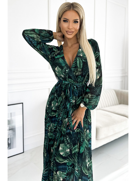 numoco Duga plisirana šifonska haljina s izrezom i dugim rukavima s remenom - Leaf Green Numoco