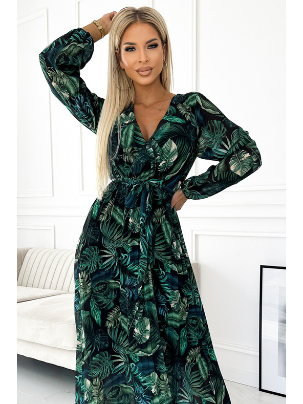 numoco Duga plisirana šifonska haljina s izrezom i dugim rukavima s remenom - Leaf Green Numoco