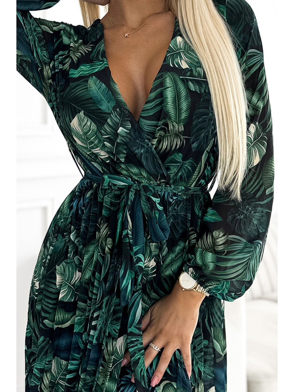 numoco Duga plisirana šifonska haljina s izrezom i dugim rukavima s remenom - Leaf Green Numoco