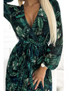 numoco Duga plisirana šifonska haljina s izrezom i dugim rukavima s remenom - Leaf Green Numoco