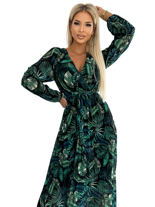 numoco Duga plisirana šifonska haljina s izrezom i dugim rukavima s remenom - Leaf Green Numoco