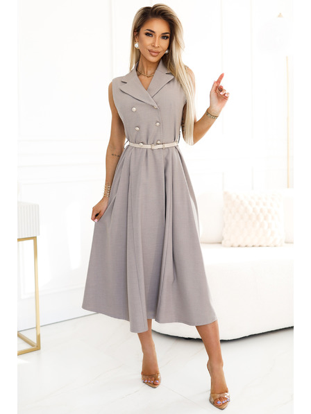 numoco Elegantna midi košulja haljina sa zlatnim gumbima i remenom - bež