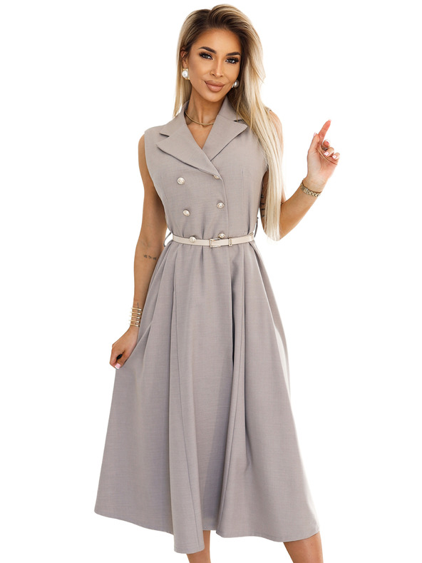 numoco Elegantna midi košulja haljina sa zlatnim gumbima i remenom - bež