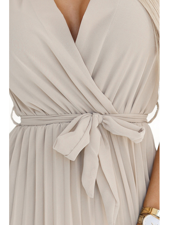 numoco Bež ženska plisirana haljina od šifona s dekolteom i volanima marke Numoco