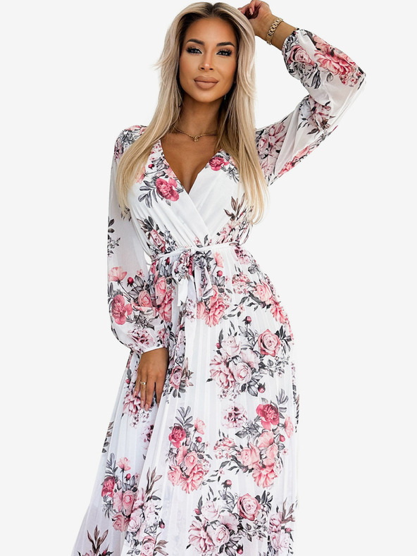 numoco Midi haljina s dugim rukavima i plisiranim remenom - bijela s crvenim ružama Numoco GEPPI