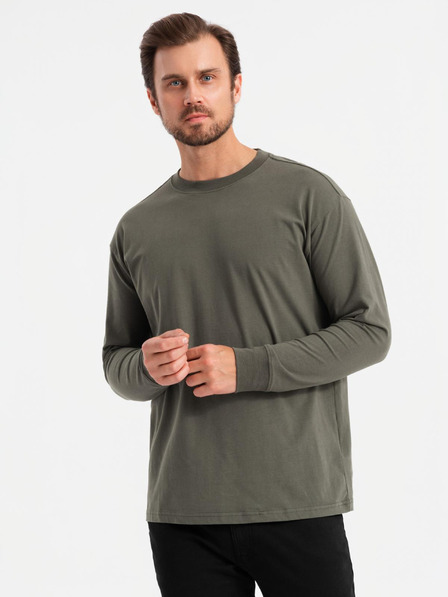 Ombre Clothing LOOSE FIT muška pamučna majica dugih rukava s okruglim izrezom - sivo zelena V3 OM-LSBC-0129 Ombre odjeća