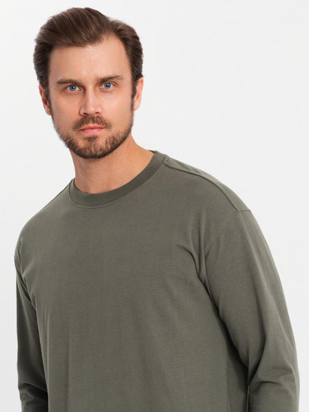 Ombre Clothing LOOSE FIT muška pamučna majica dugih rukava s okruglim izrezom - sivo zelena V3 OM-LSBC-0129 Ombre odjeća