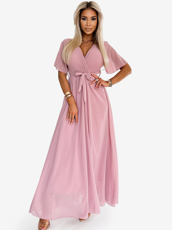 numoco Duga haljina s plisiranim izrezom i kravatom - puder roza Numoco