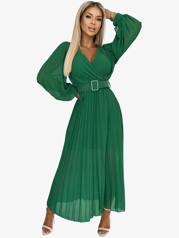 numoco 414-3 KLARA nabrane haljine sa pojasom i dekolteom - zelena