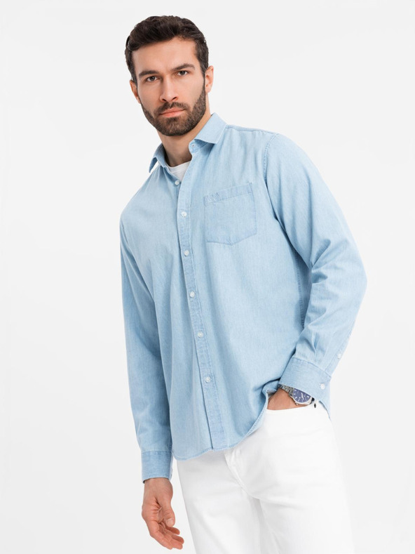 Ombre Clothing Muška traper košulja s izvezenim džepom - svijetloplava Ombre odjeća