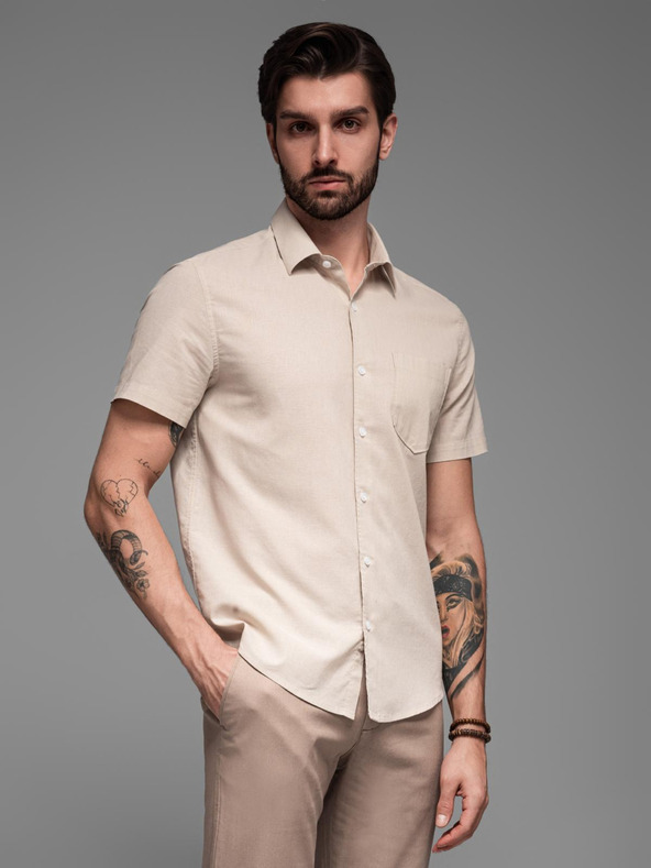 Ombre Clothing Muška košulja s kratkim rukavima i kubanskim ovratnikom bež Ombre odjeća