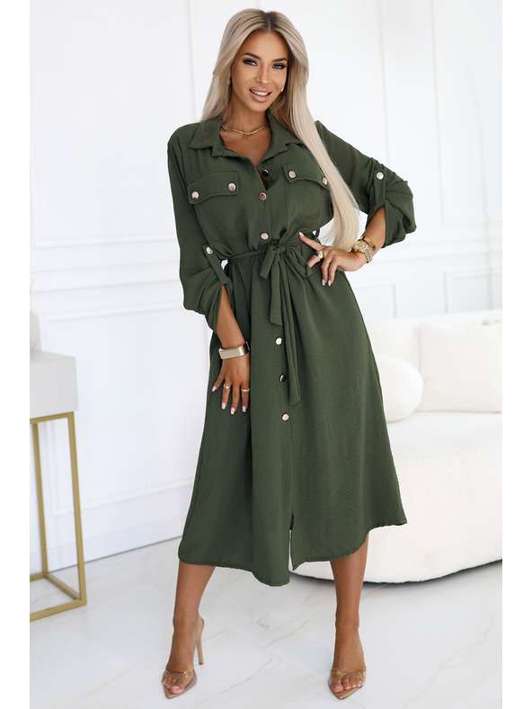 numoco 531-5 Midi košulja haljina sa zlatnim gumbima i kravatom - KHAKI