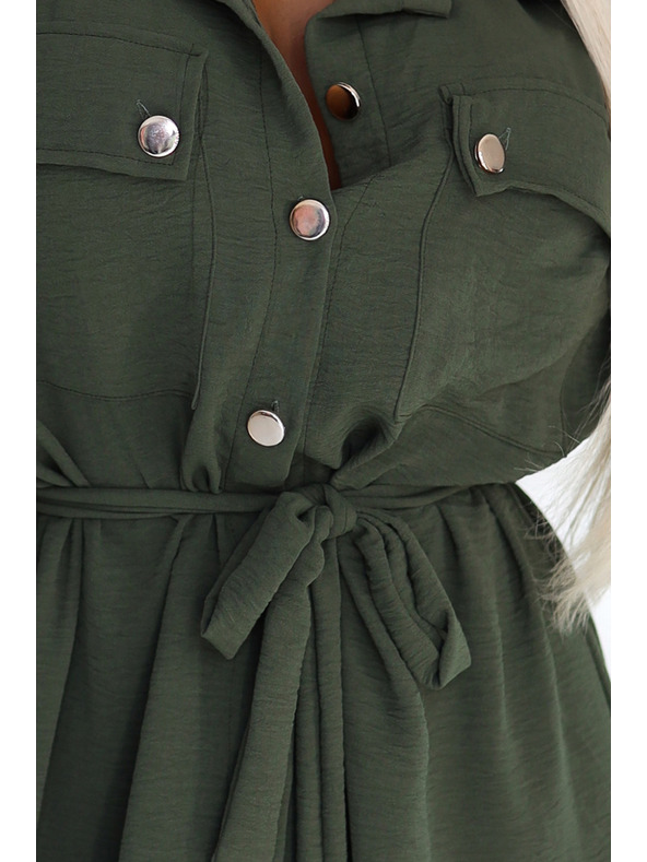 numoco 531-5 Midi košulja haljina sa zlatnim gumbima i kravatom - KHAKI